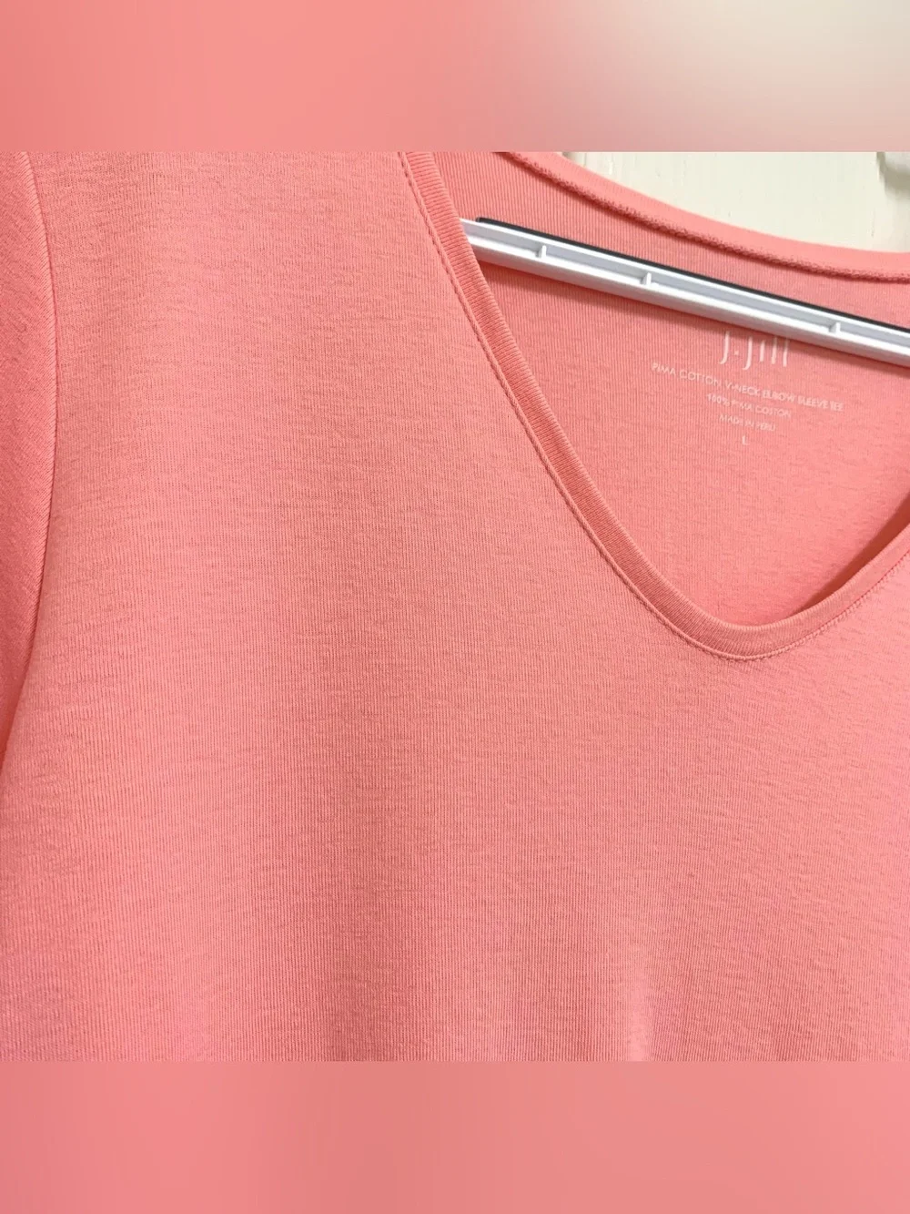 J. Jill Pima Cotton V-Neck Elbow Sleeve Straight Hem Pink Tee Shirt Sz L Casual - Picture 6 of 11